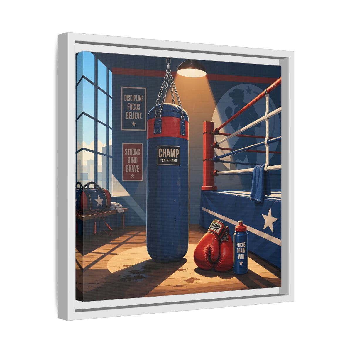 Side Mockup 28. Sports Boxing Gym Blue Red Boxing shown as framed canvas print