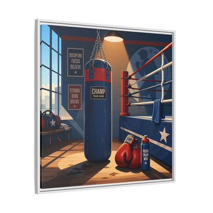 Side Mockup 25. Sports Boxing Gym Blue Red Boxing shown as framed canvas print