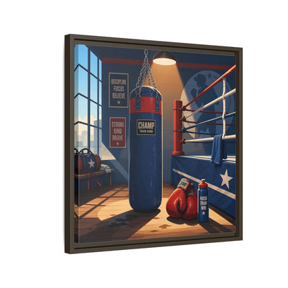 Side Mockup 11. Sports Boxing Gym Blue Red Boxing shown as framed canvas print