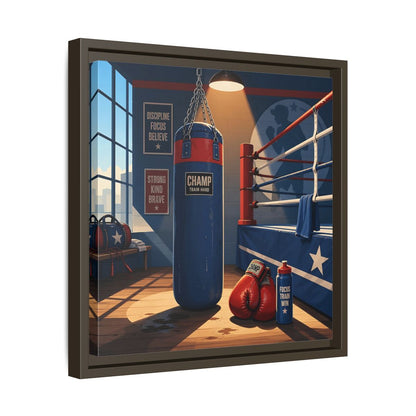 Side Mockup 29. Sports Boxing Gym Blue Red Boxing shown as framed canvas print