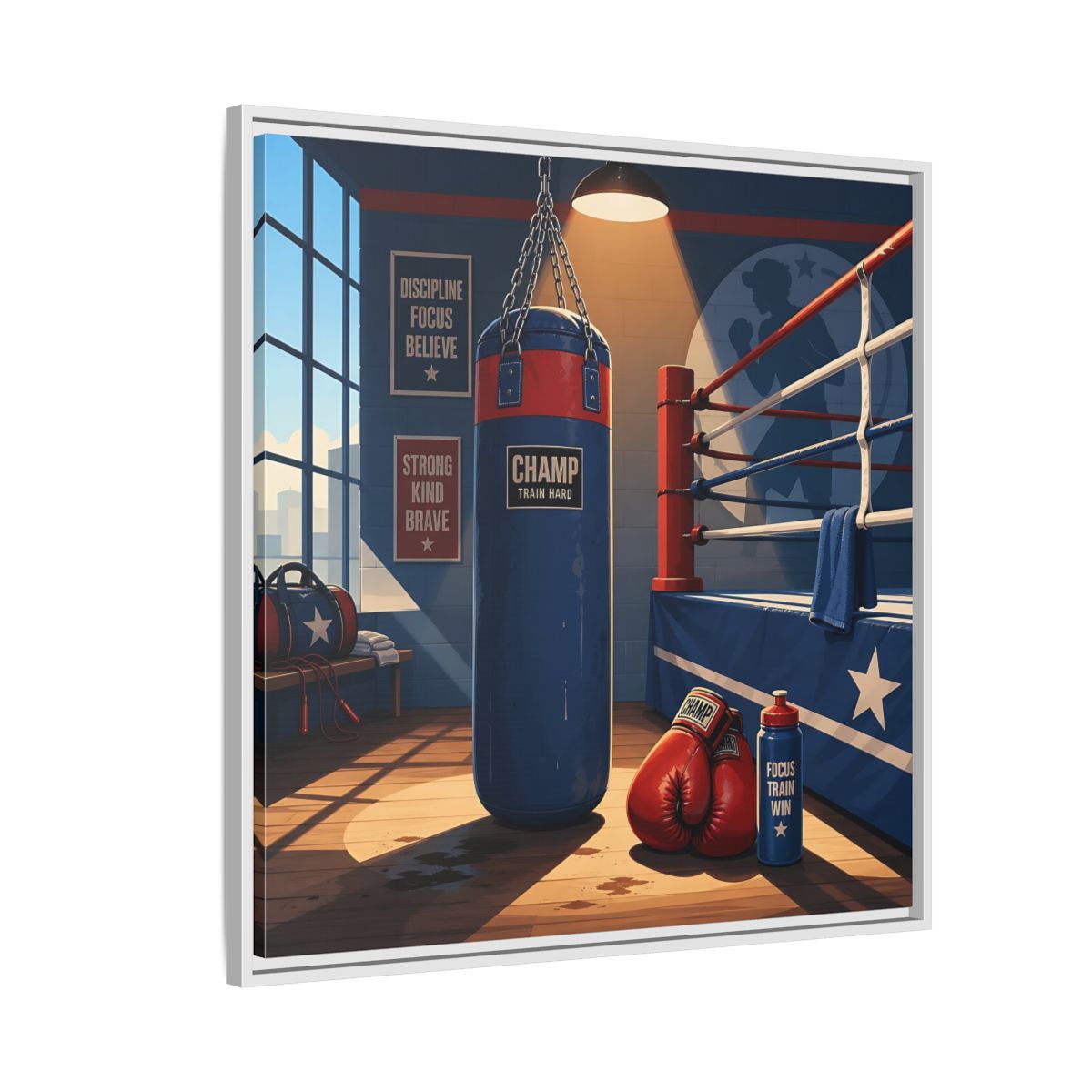 Side Mockup 7. Sports Boxing Gym Blue Red Boxing shown as framed canvas print