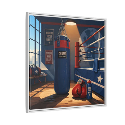 Side Mockup 7. Sports Boxing Gym Blue Red Boxing shown as framed canvas print