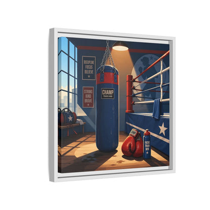 Side Mockup 13. Sports Boxing Gym Blue Red Boxing shown as framed canvas print