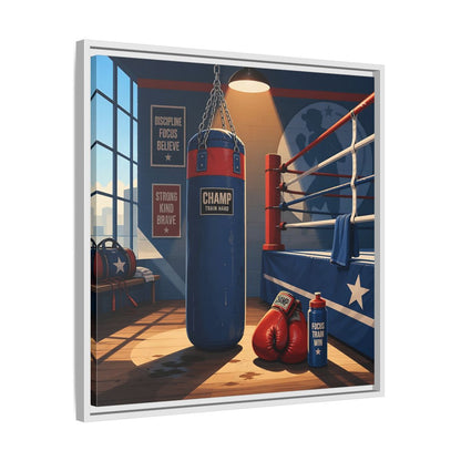 Side Mockup 26. Sports Boxing Gym Blue Red Boxing shown as framed canvas print