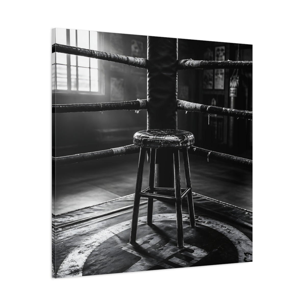 Side Mockup 1. Sports Boxing Ring Black And White shown as canvas print