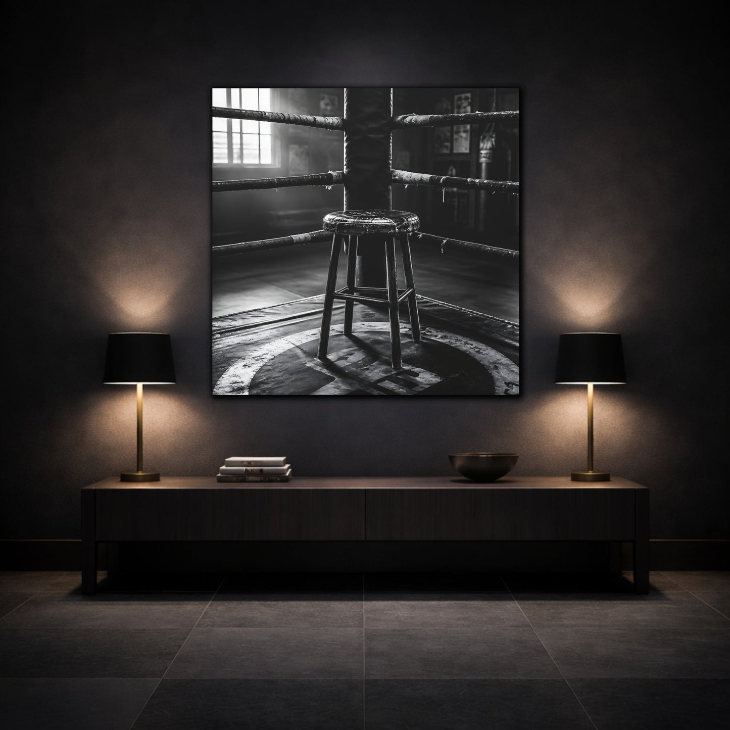 Mockup 3. Sports Boxing Ring Black And White shown as canvas print