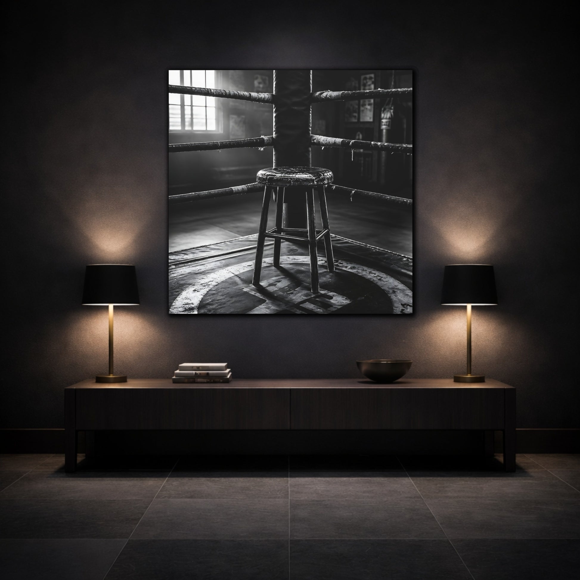 Mockup 3. Sports Boxing Ring Black And White shown as canvas print
