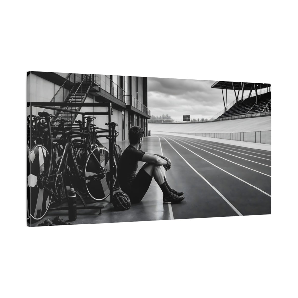 Main Mockup. Sports Cyclist Black And White shown as canvas print