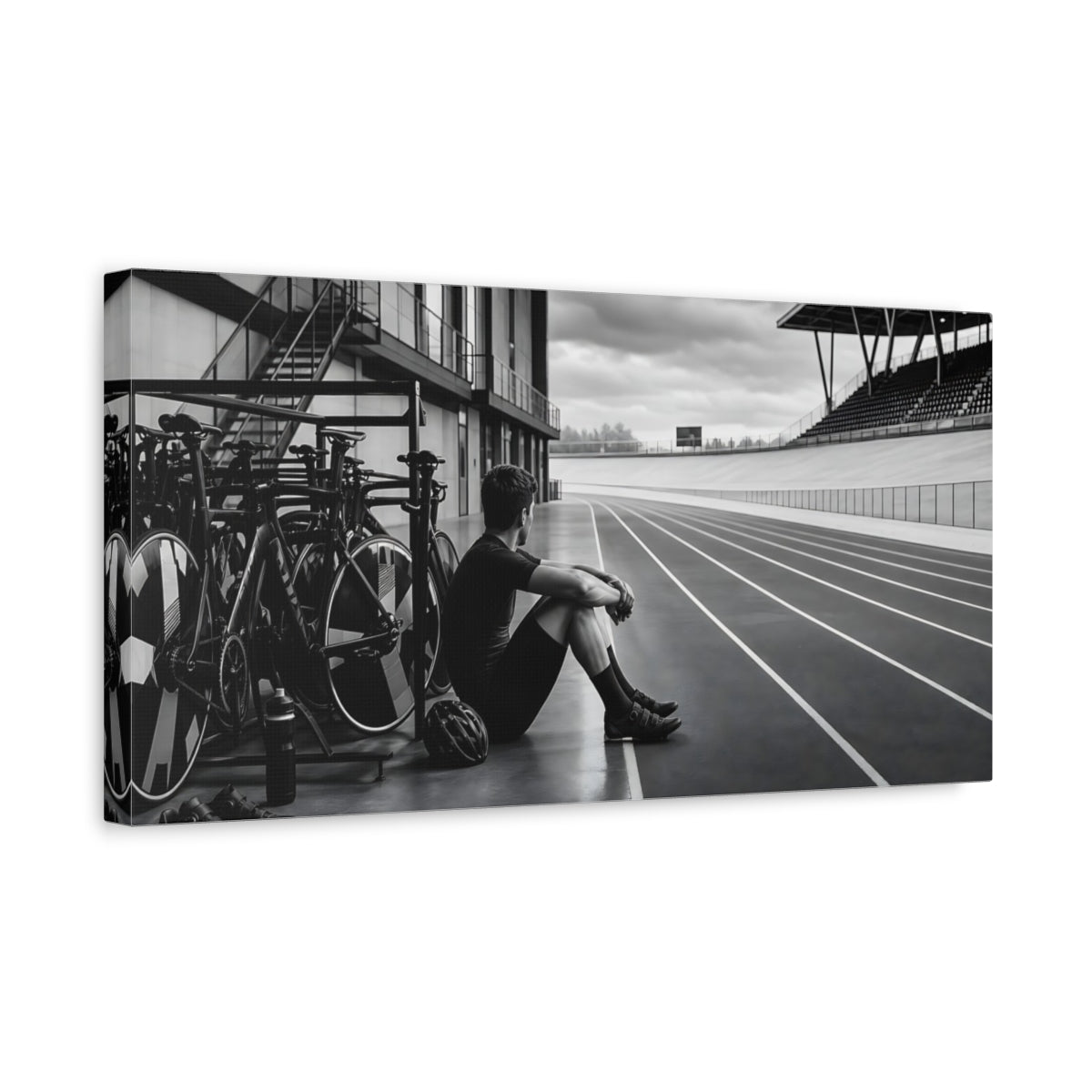 Side Mockup 3. Sports Cyclist Black And White shown as canvas print