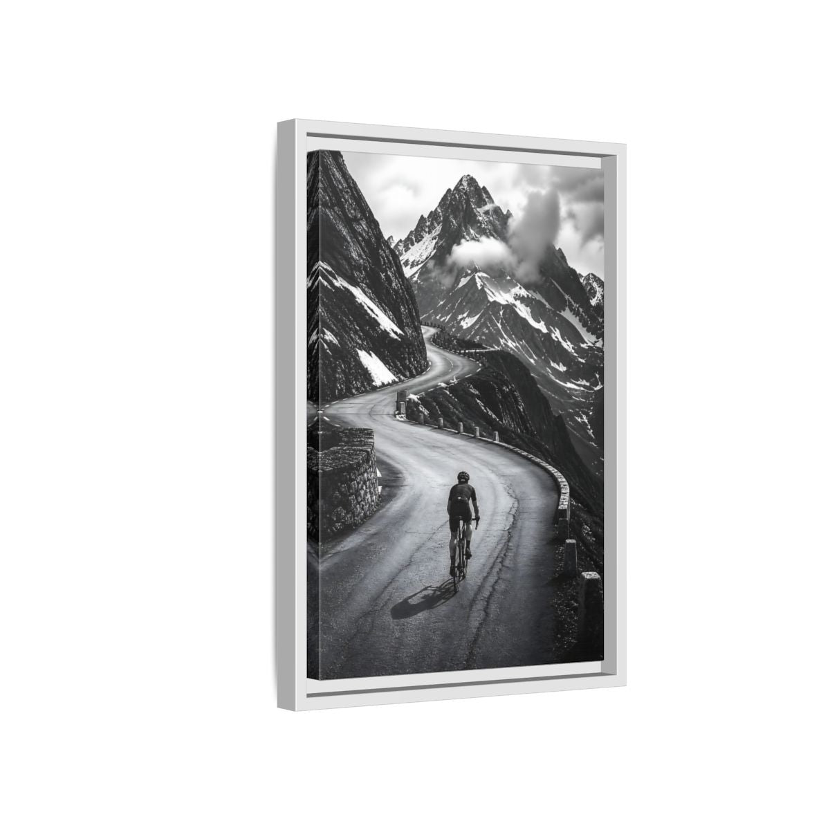 Side Mockup 4. Sports Cyclist Black And White Cycling shown as framed canvas print