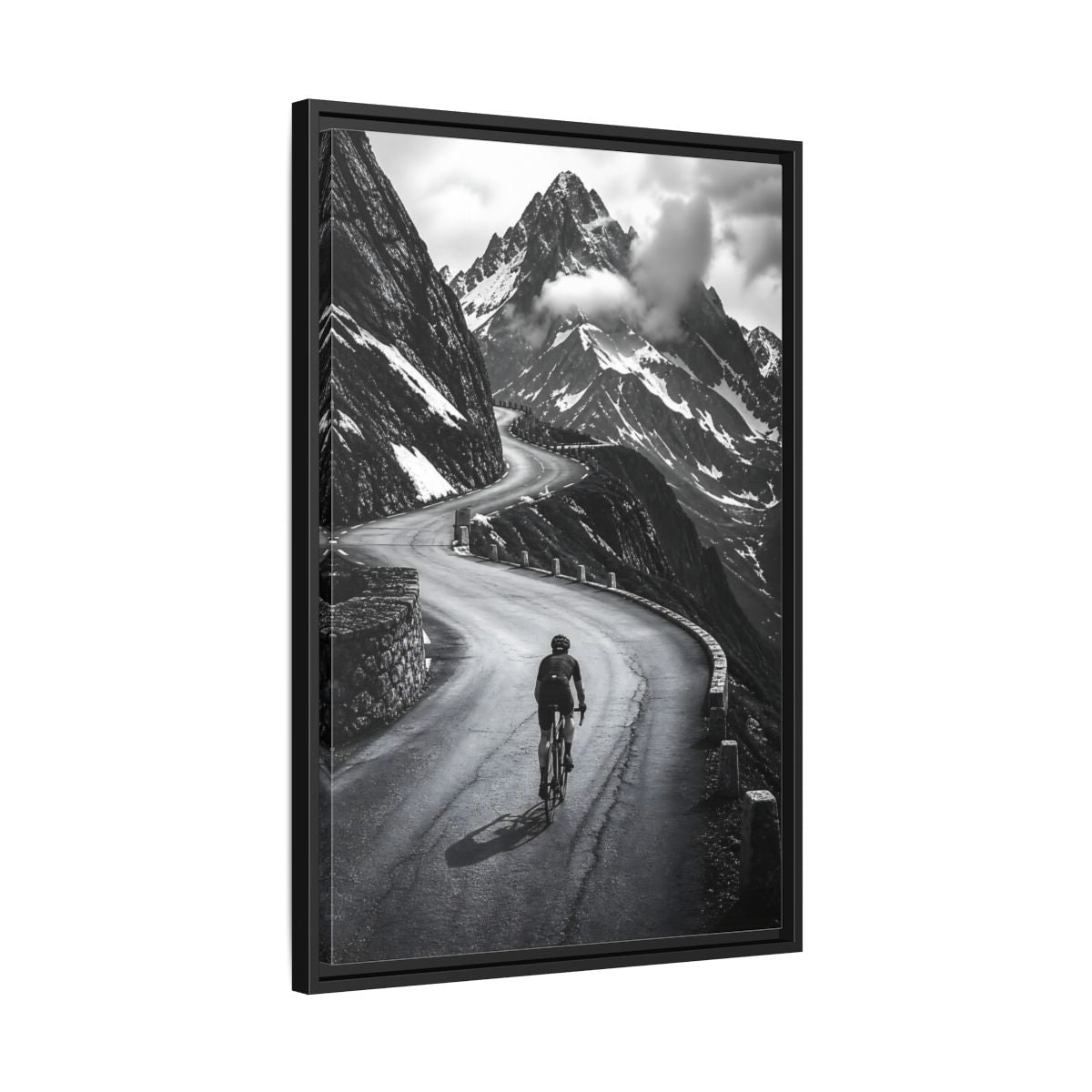 Side Mockup 14. Sports Cyclist Black And White Cycling shown as framed canvas print