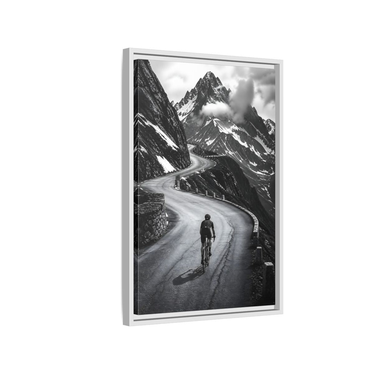 Side Mockup 1. Sports Cyclist Black And White Cycling shown as framed canvas print