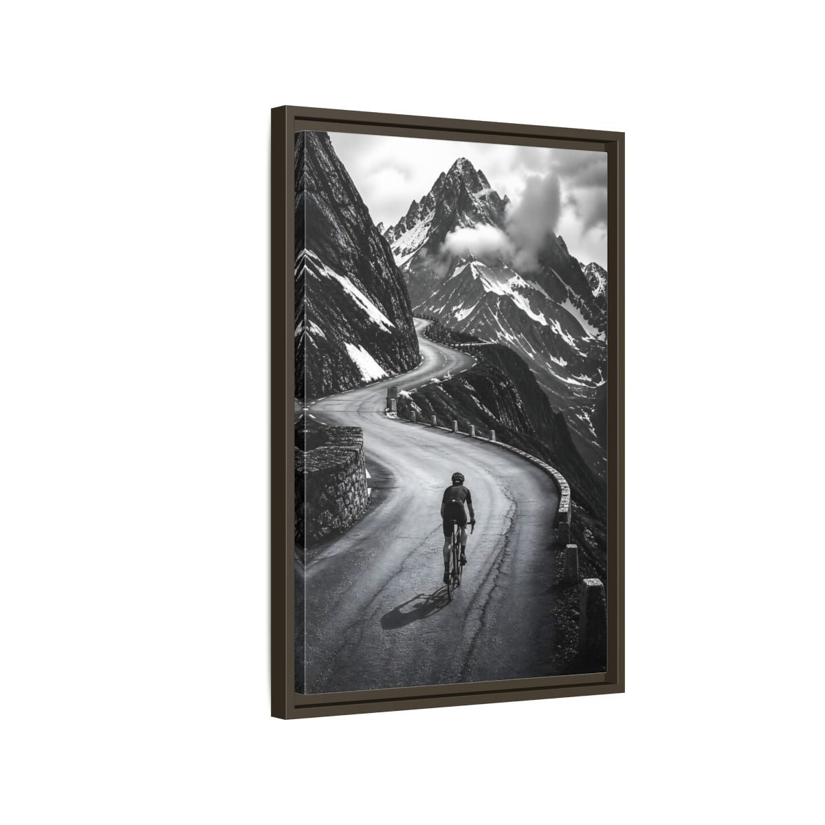 Side Mockup 2. Sports Cyclist Black And White Cycling shown as framed canvas print