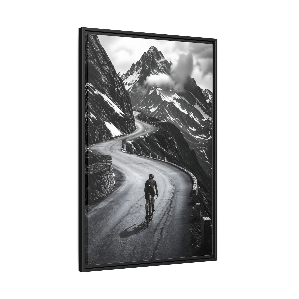 Side Mockup 13. Sports Cyclist Black And White Cycling shown as framed canvas print