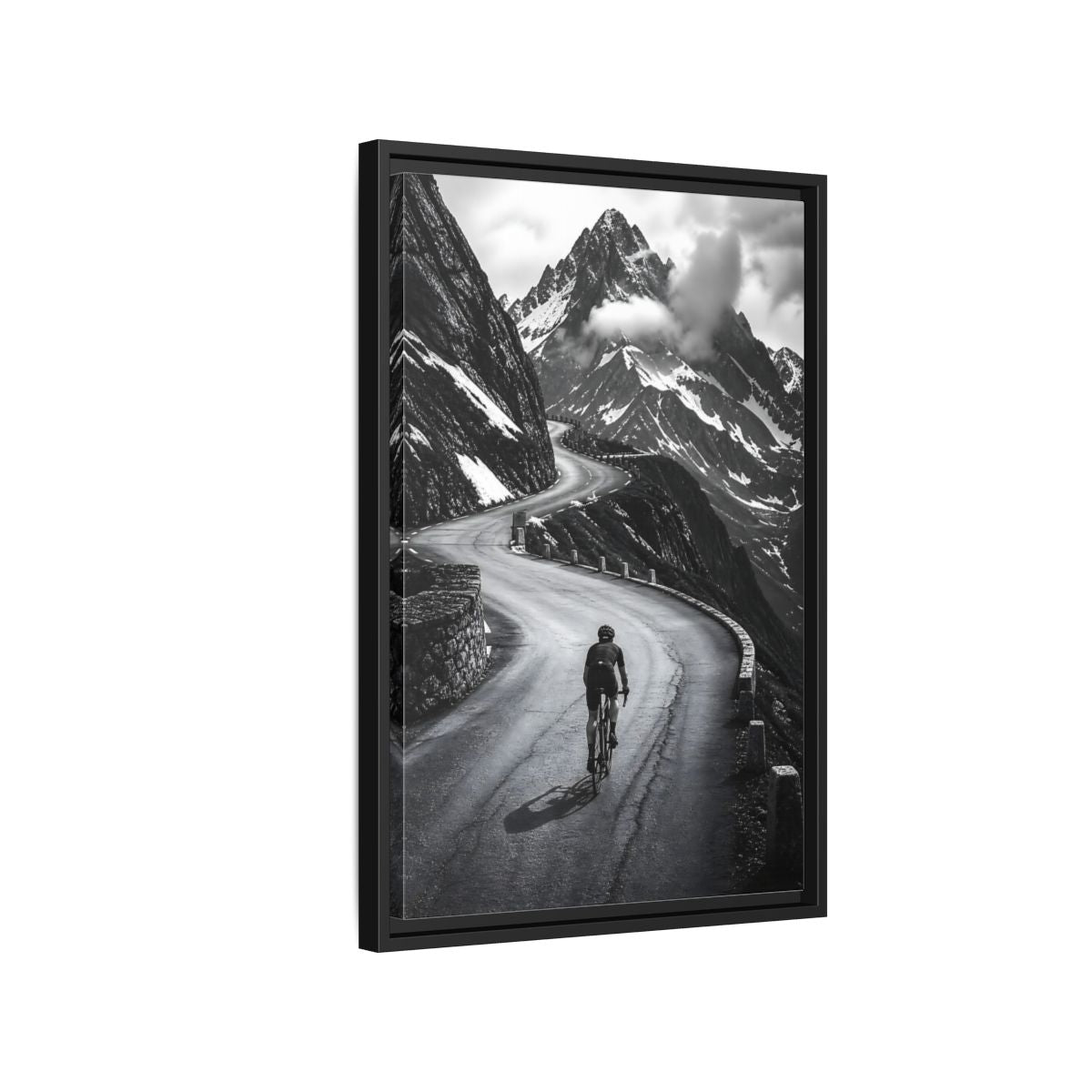 Side Mockup 3. Sports Cyclist Black And White Cycling shown as framed canvas print