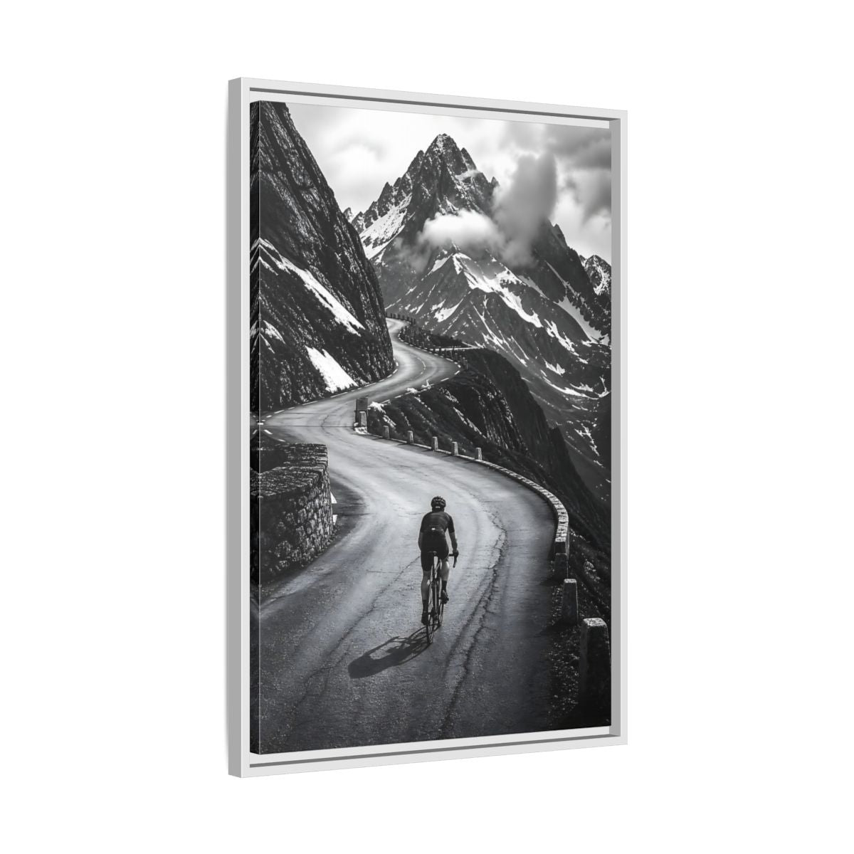 Side Mockup 10. Sports Cyclist Black And White Cycling shown as framed canvas print