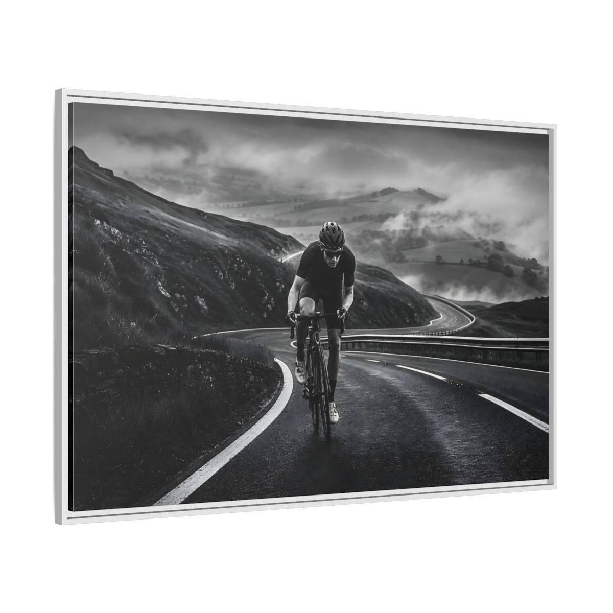 Side Mockup 7. Sports Cyclist Black And White Cycling shown as framed canvas print