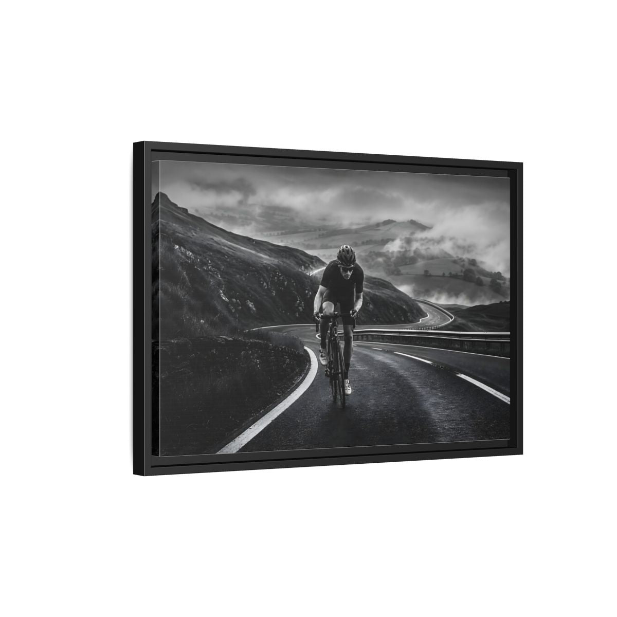 Side Mockup 3. Sports Cyclist Black And White Cycling shown as framed canvas print