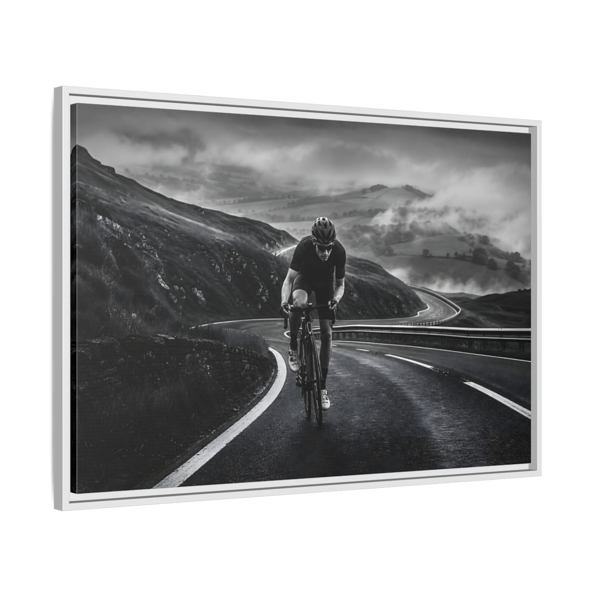 Side Mockup 9. Sports Cyclist Black And White Cycling shown as framed canvas print