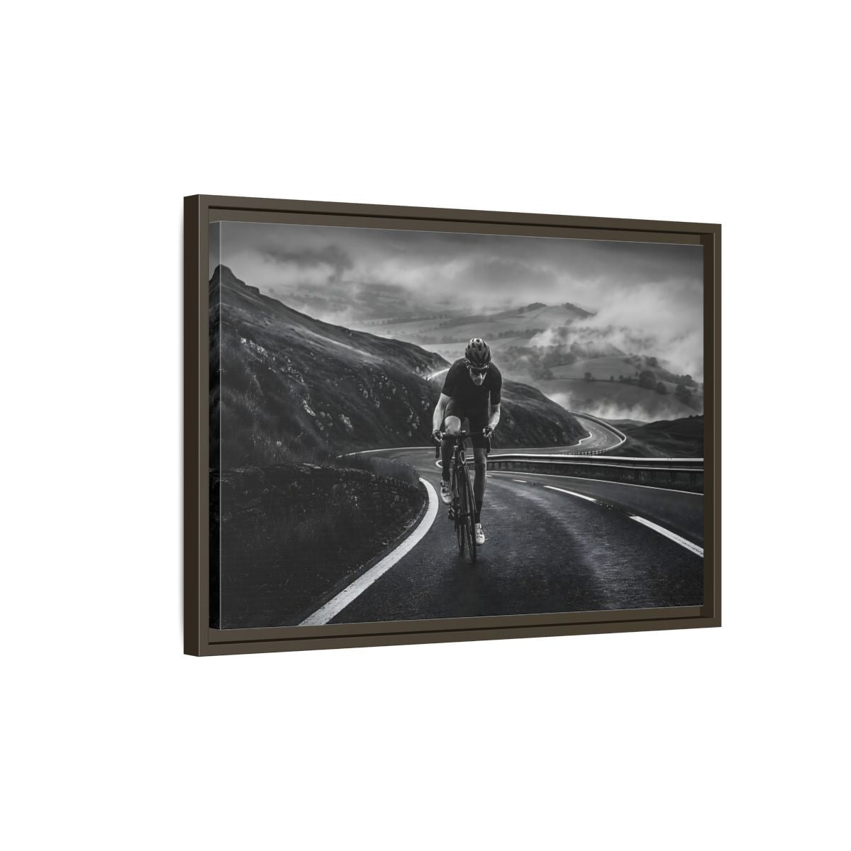 Side Mockup 2. Sports Cyclist Black And White Cycling shown as framed canvas print