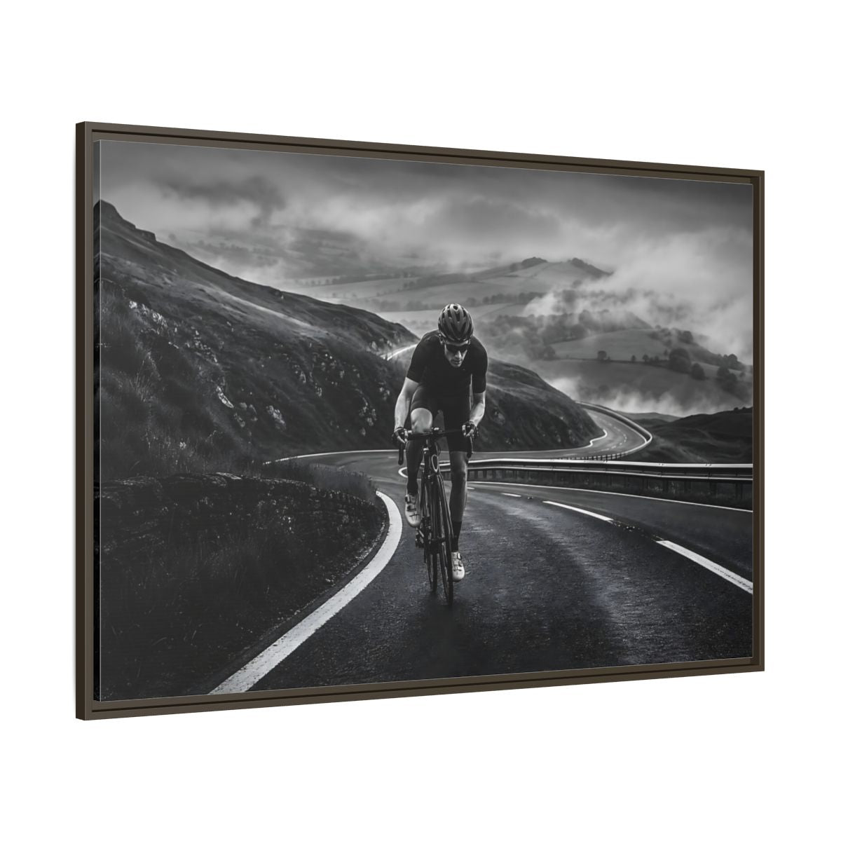Side Mockup 8. Sports Cyclist Black And White Cycling shown as framed canvas print