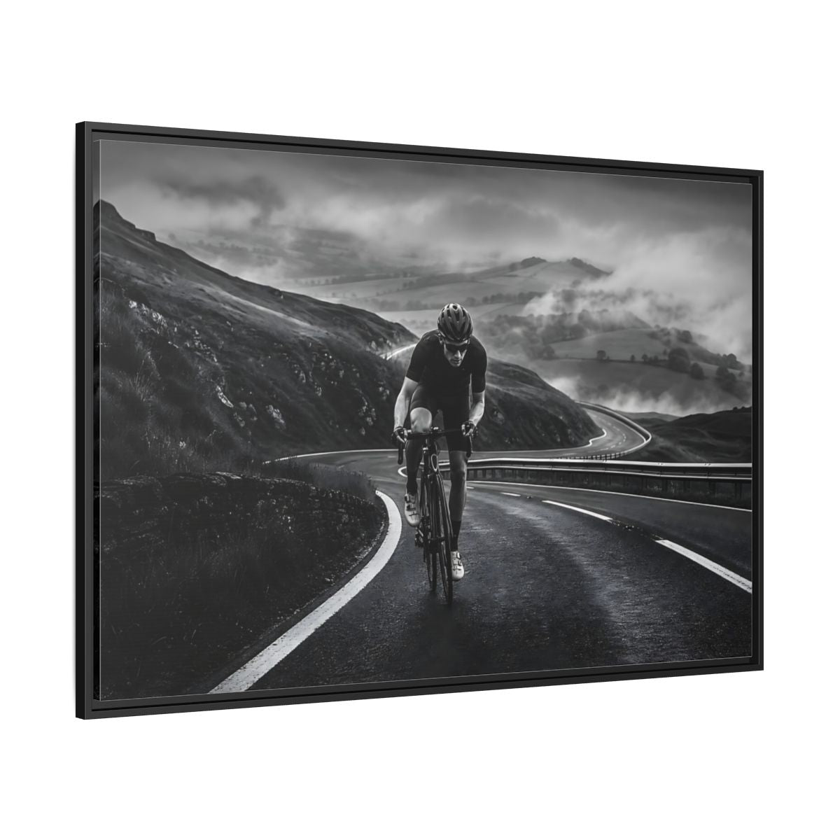 Side Mockup 12. Sports Cyclist Black And White Cycling shown as framed canvas print