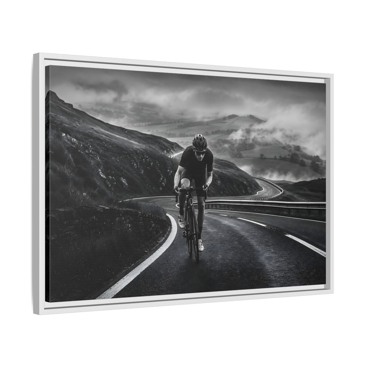 Side Mockup 10. Sports Cyclist Black And White Cycling shown as framed canvas print