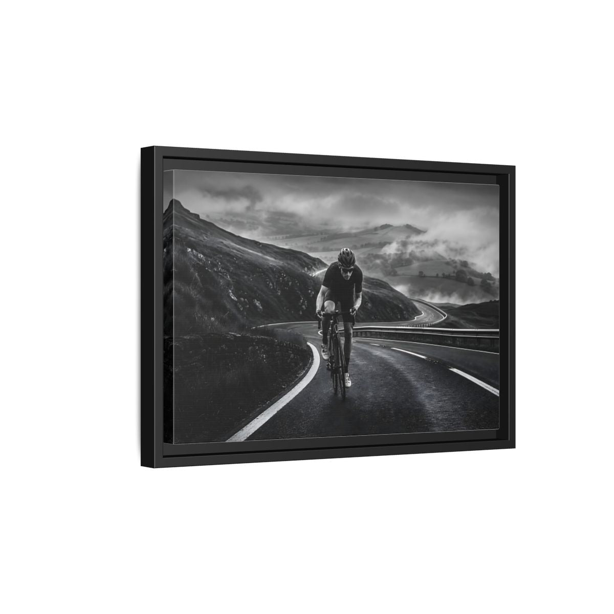 Side Mockup 6. Sports Cyclist Black And White Cycling shown as framed canvas print