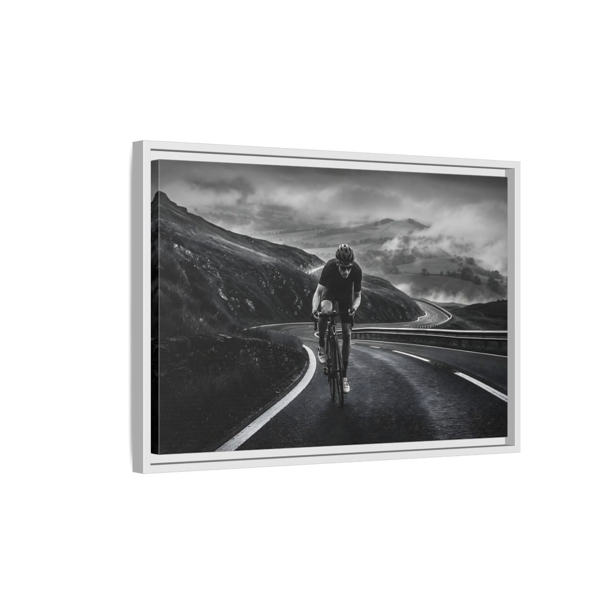 Side Mockup 1. Sports Cyclist Black And White Cycling shown as framed canvas print