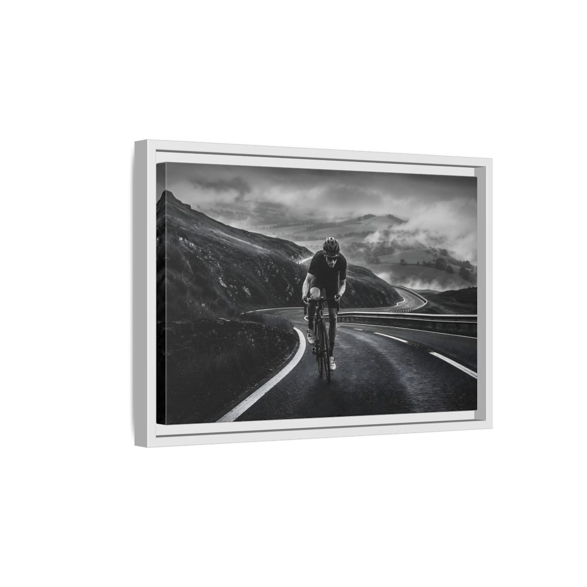 Side Mockup 4. Sports Cyclist Black And White Cycling shown as framed canvas print