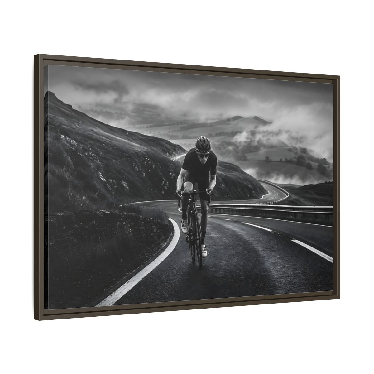 Main Mockup. Sports Cyclist Black And White Cycling shown as framed canvas print