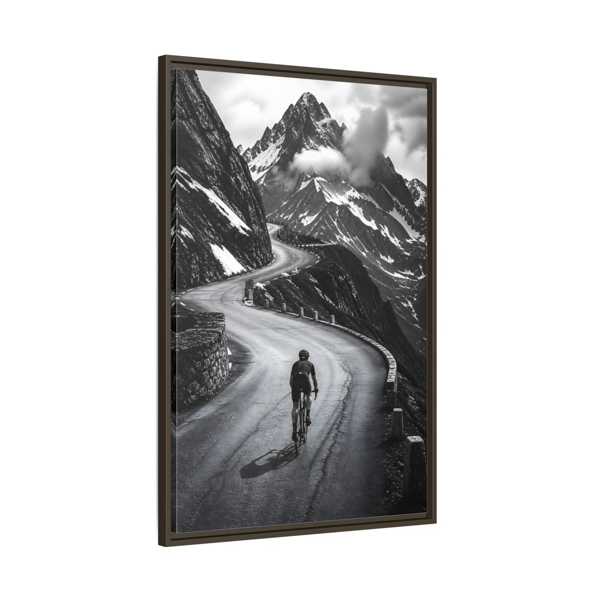 Main Mockup. Sports Cyclist Black And White Cycling shown as framed canvas print