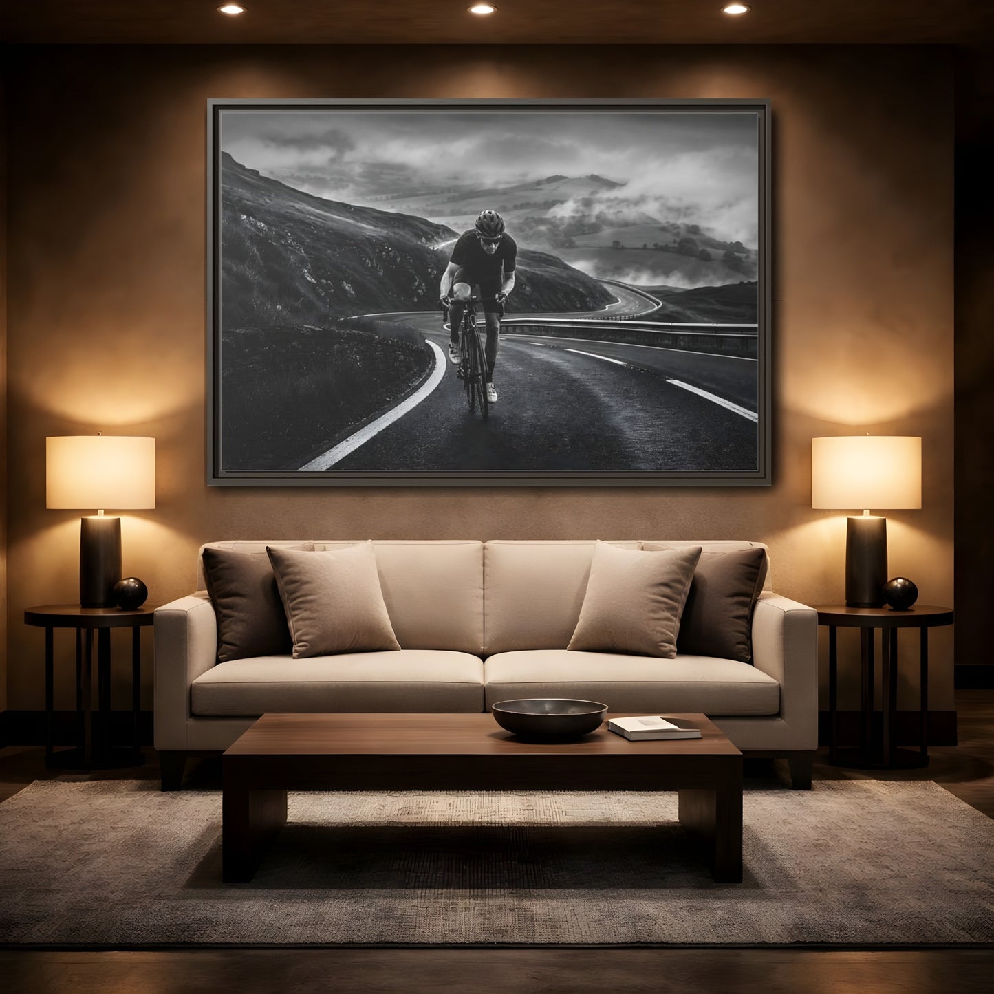 Mockup 2. Sports Cyclist Black And White Cycling shown as framed canvas print