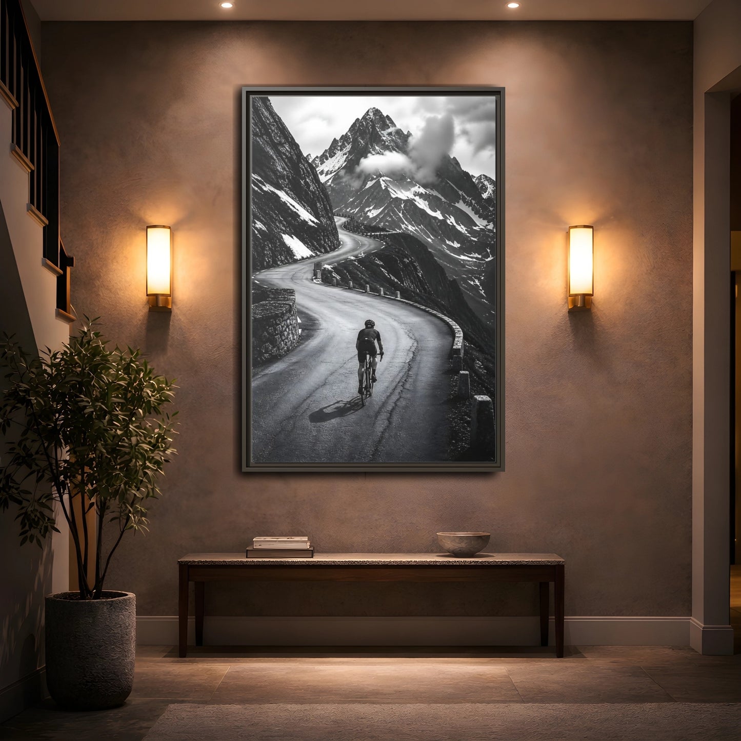 Mockup 2. Sports Cyclist Black And White Cycling shown as framed canvas print