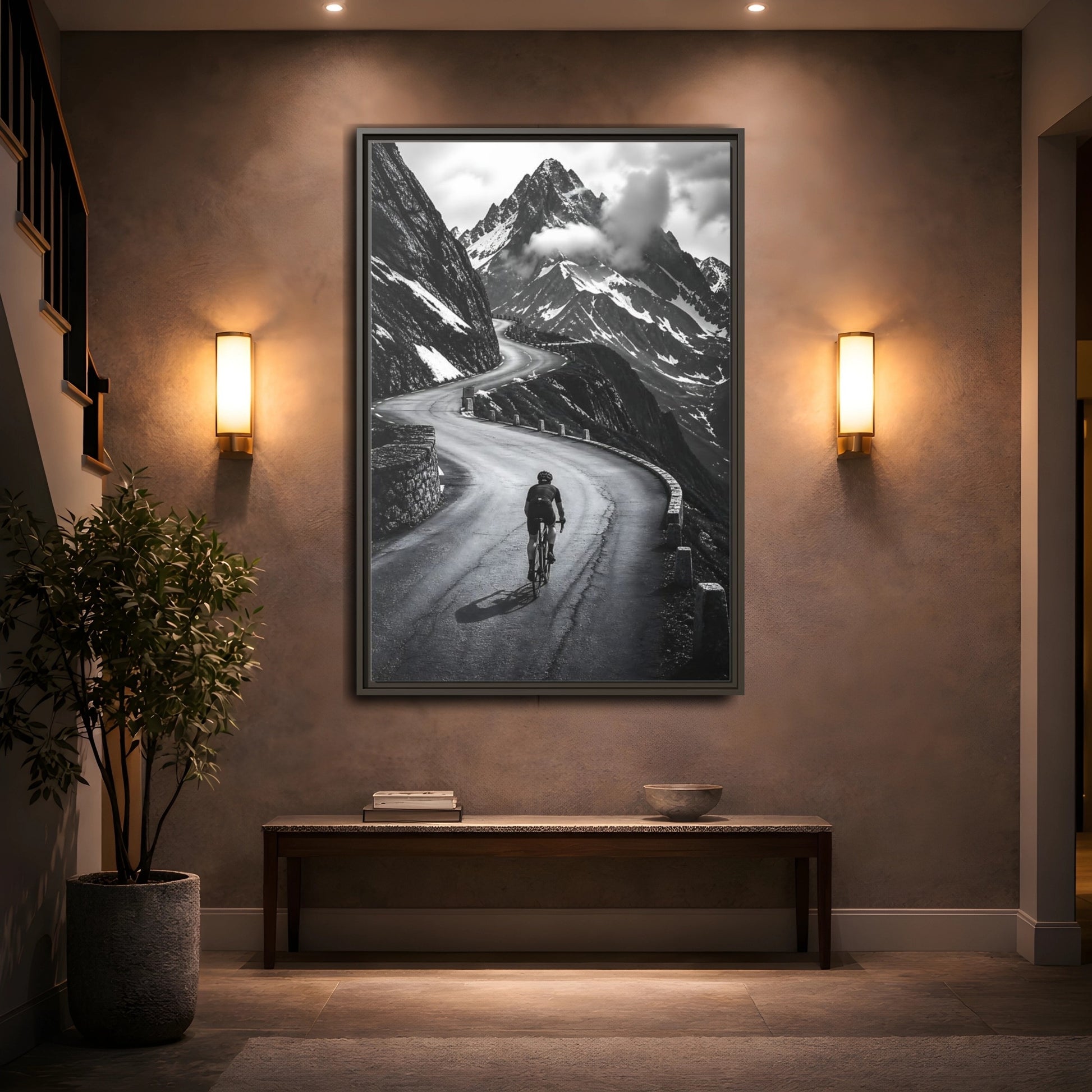 Mockup 2. Sports Cyclist Black And White Cycling shown as framed canvas print