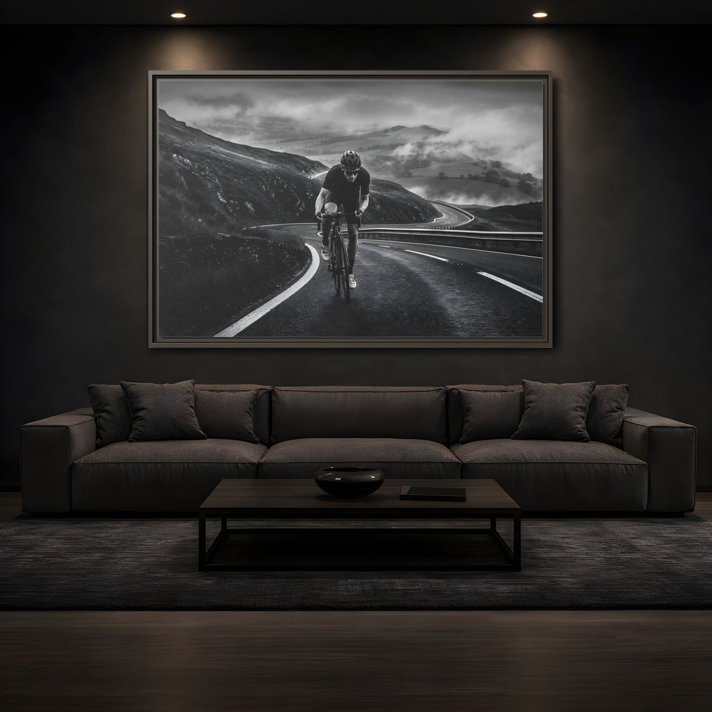 Mockup 3. Sports Cyclist Black And White Cycling shown as framed canvas print