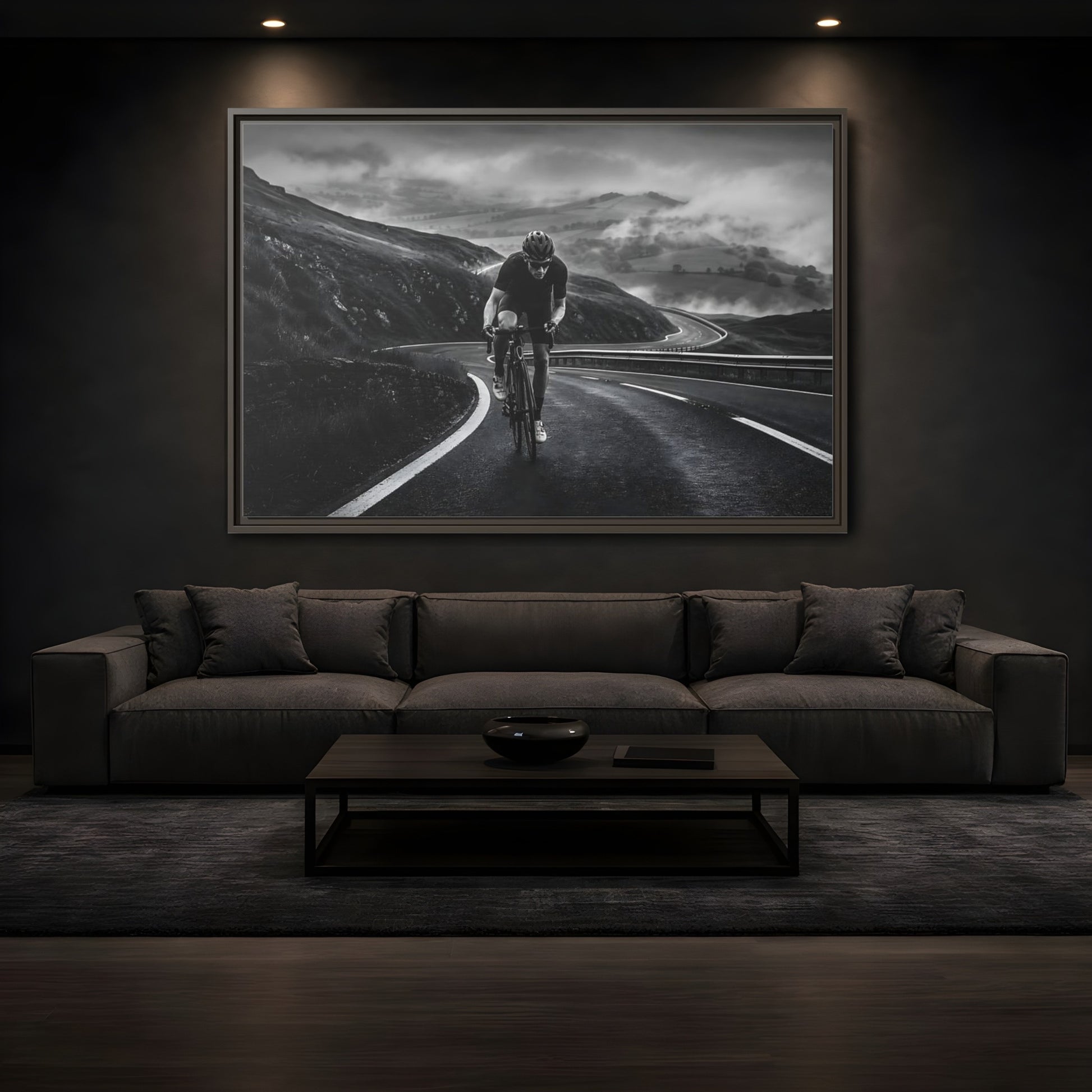 Mockup 3. Sports Cyclist Black And White Cycling shown as framed canvas print