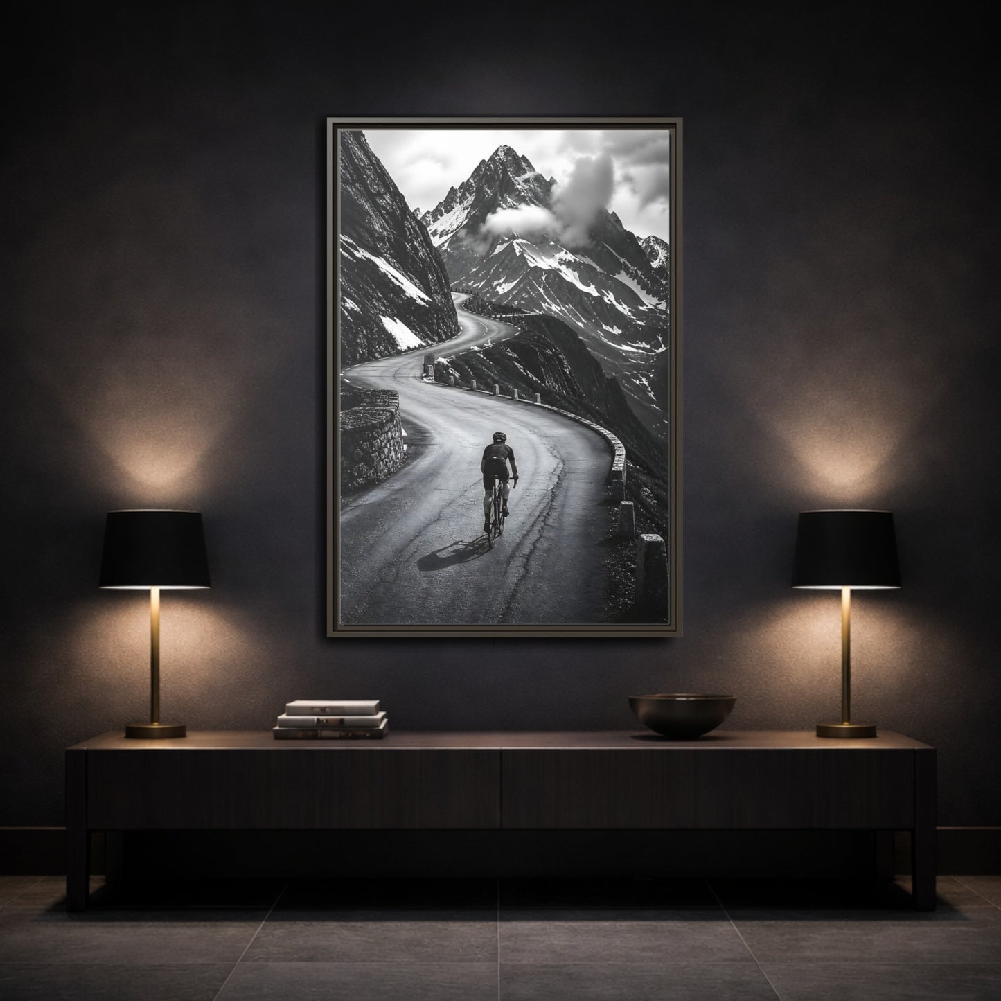 Mockup 3. Sports Cyclist Black And White Cycling shown as framed canvas print