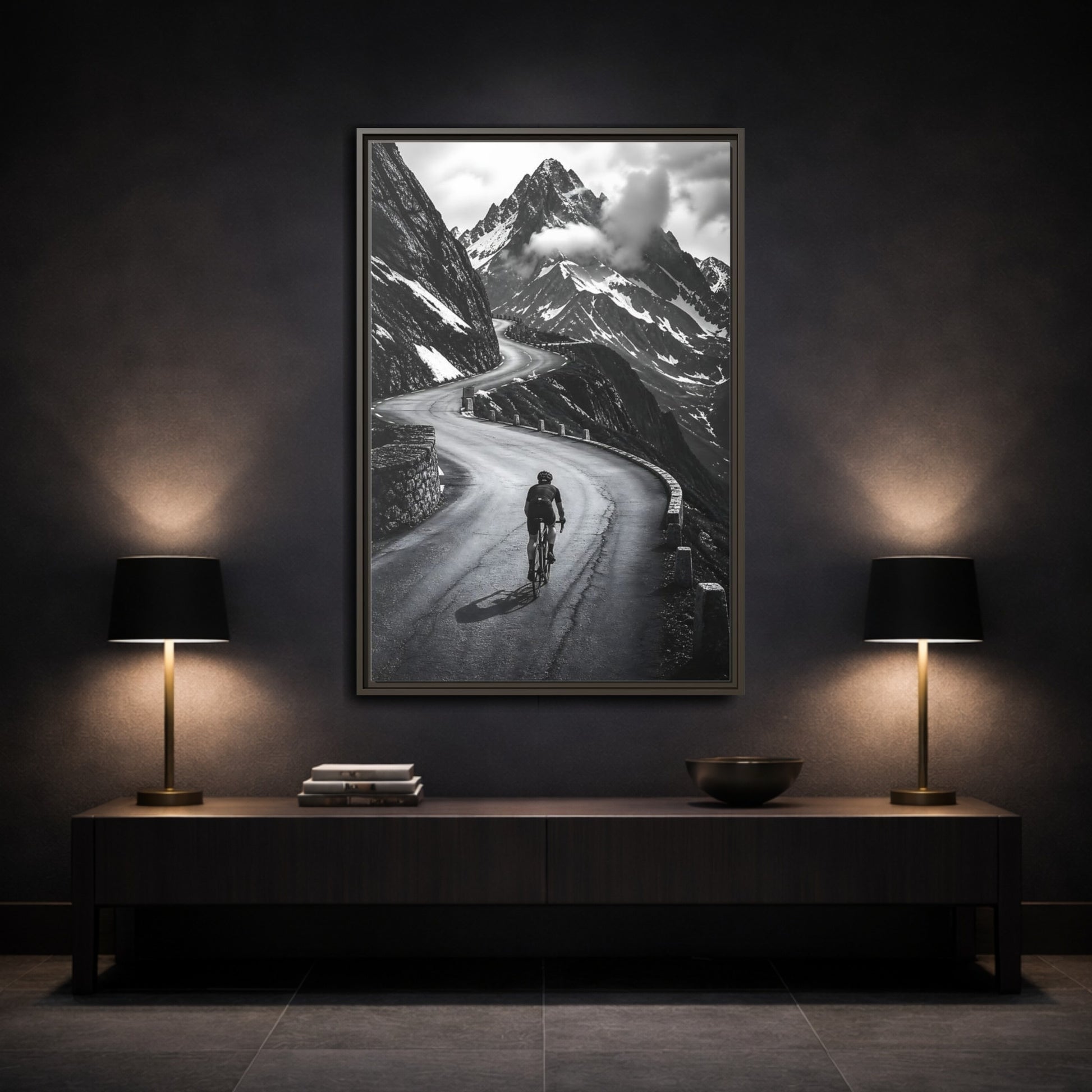 Mockup 3. Sports Cyclist Black And White Cycling shown as framed canvas print