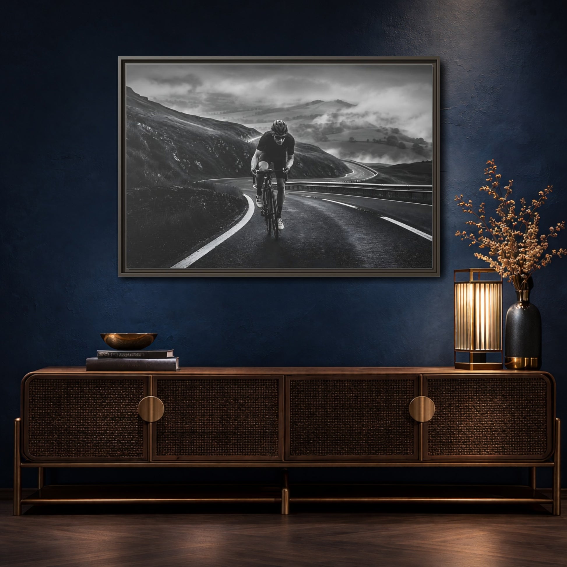 Mockup 4. Sports Cyclist Black And White Cycling shown as framed canvas print