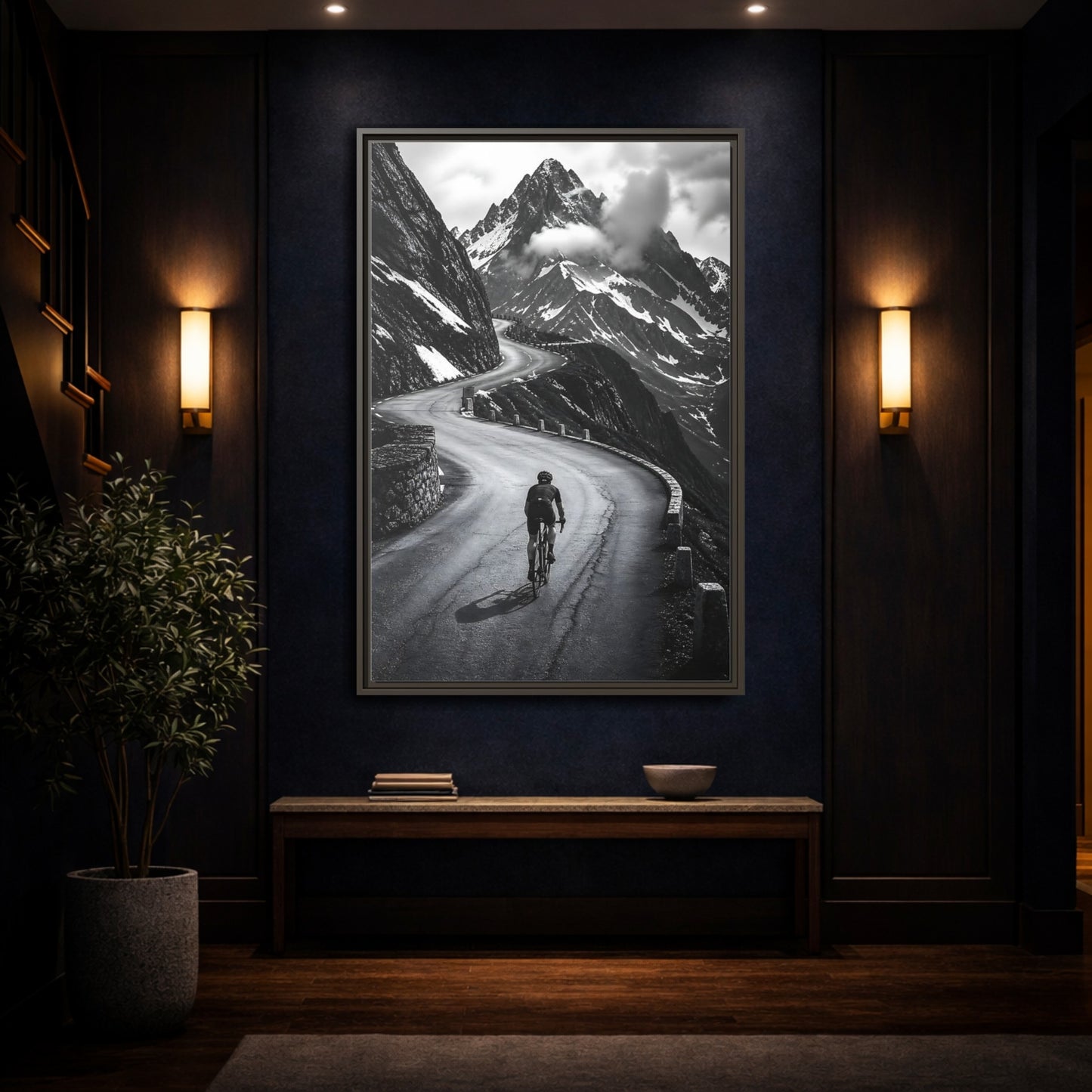 Mockup 4. Sports Cyclist Black And White Cycling shown as framed canvas print