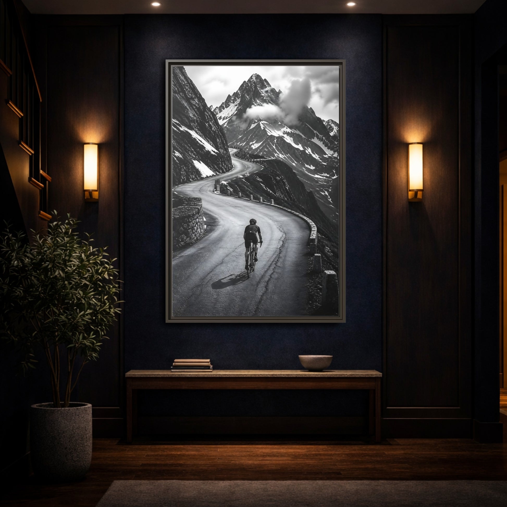 Mockup 4. Sports Cyclist Black And White Cycling shown as framed canvas print
