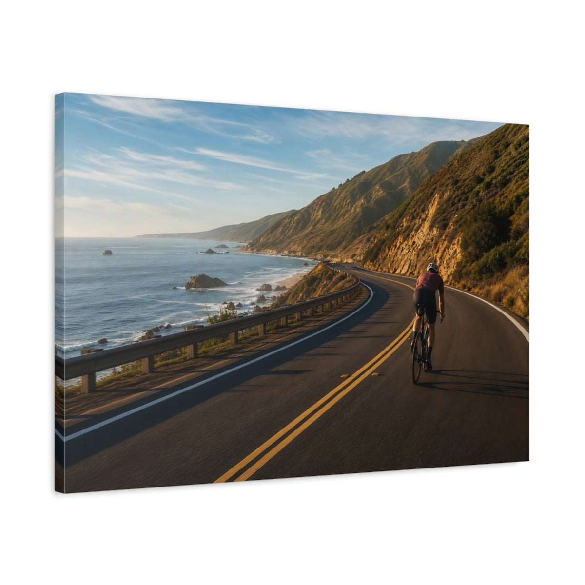 Side Mockup 2. Sports Cyclist Coastal Cycling shown as canvas print