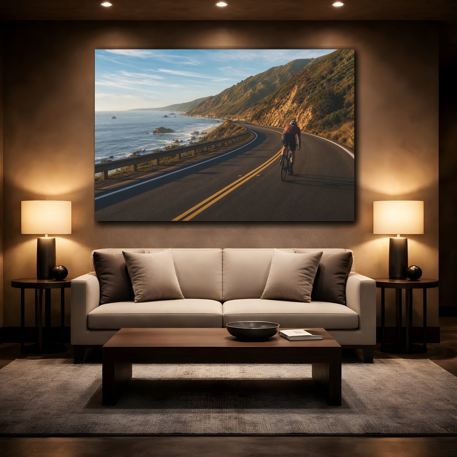 Mockup 2. Sports Cyclist Coastal Cycling shown as canvas print