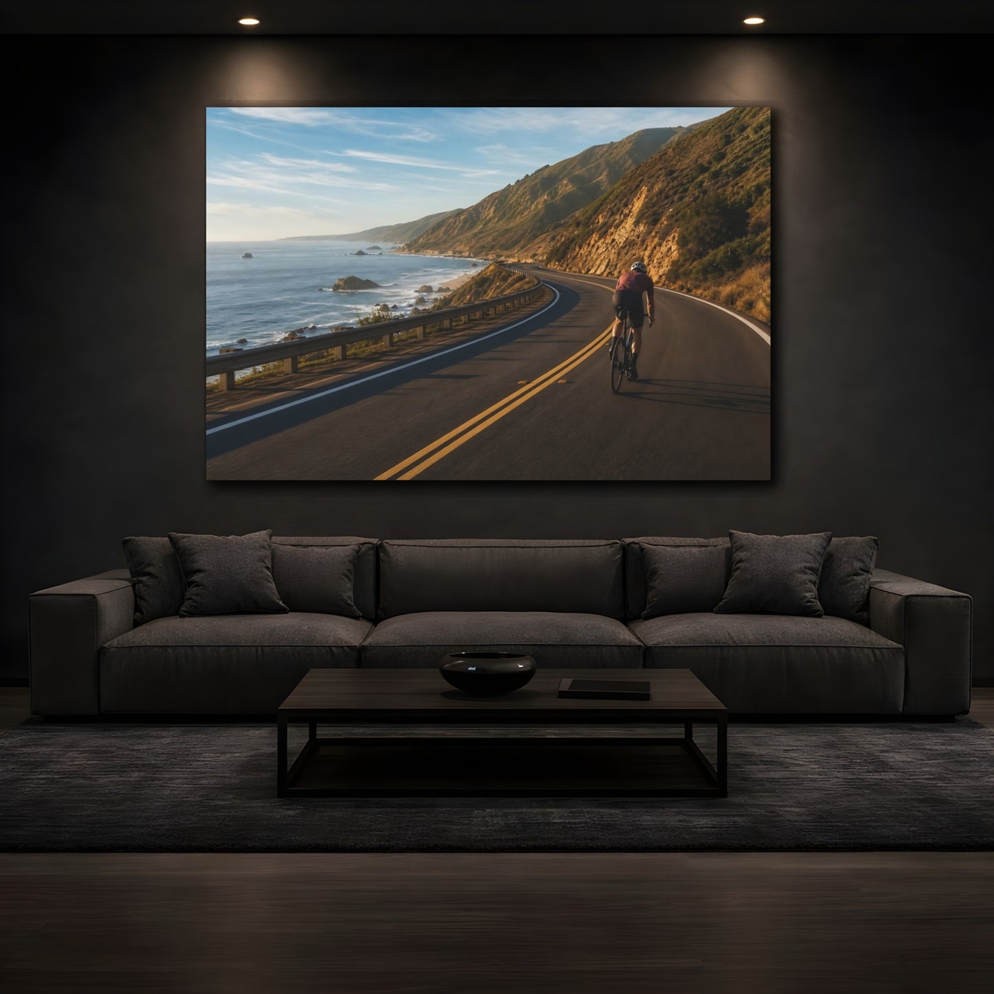 Mockup 3. Sports Cyclist Coastal Cycling shown as canvas print