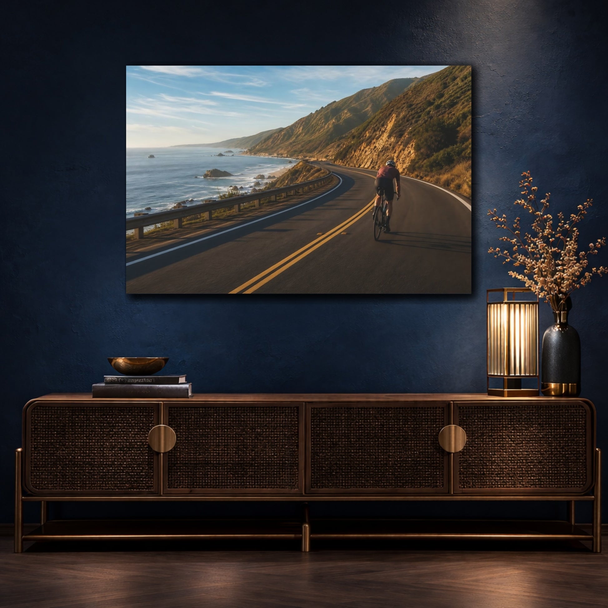 Mockup 4. Sports Cyclist Coastal Cycling shown as canvas print