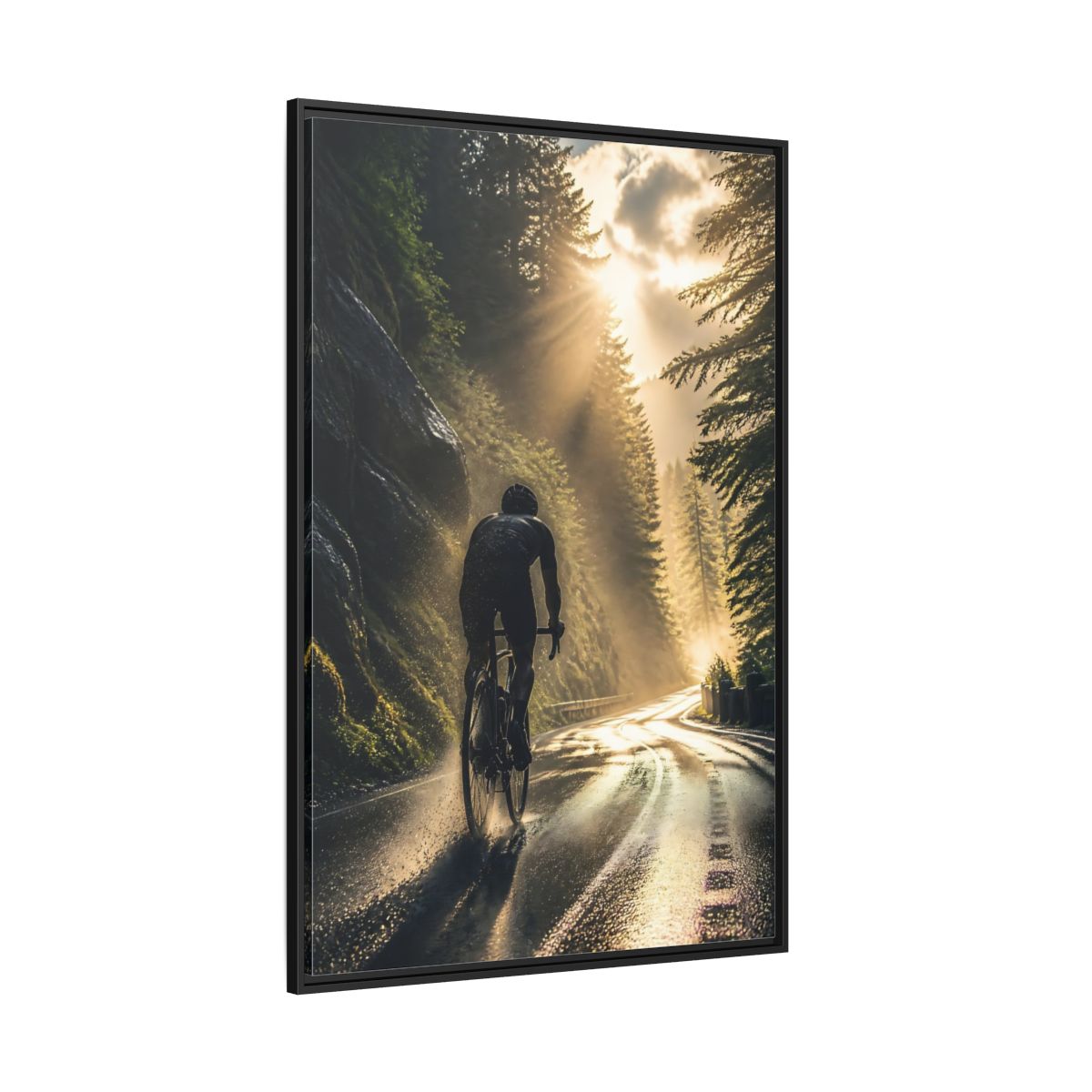 Side Mockup 12. Sports Cyclist Cycling Sunlight shown as framed canvas print