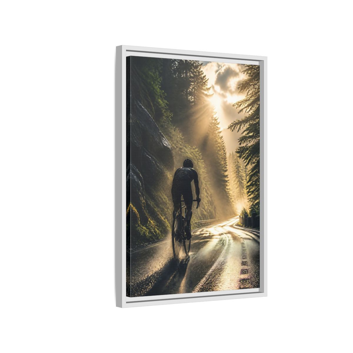 Side Mockup 1. Sports Cyclist Cycling Sunlight shown as framed canvas print