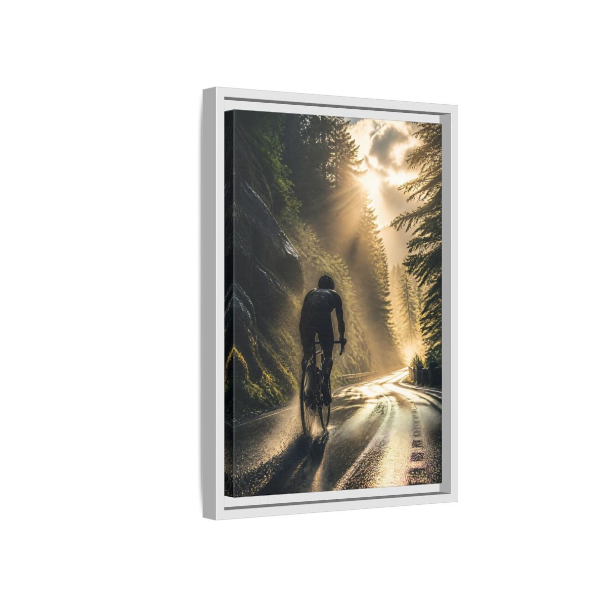 Side Mockup 4. Sports Cyclist Cycling Sunlight shown as framed canvas print