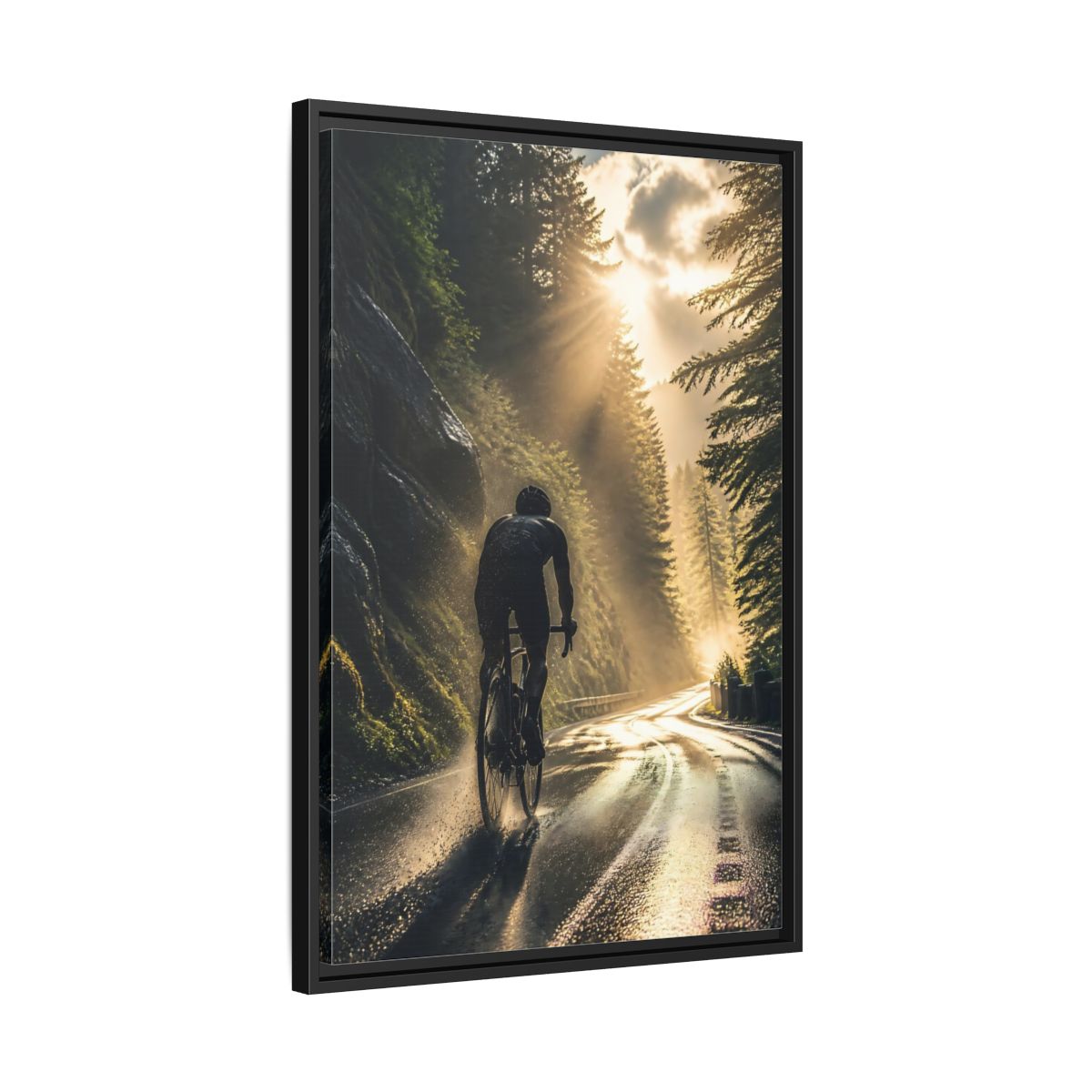 Side Mockup 14. Sports Cyclist Cycling Sunlight shown as framed canvas print